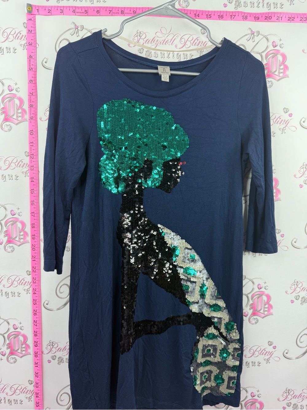 Tristan mini dress or Navy Long Sleeve Tunic with Green Black Sequin Silhouette